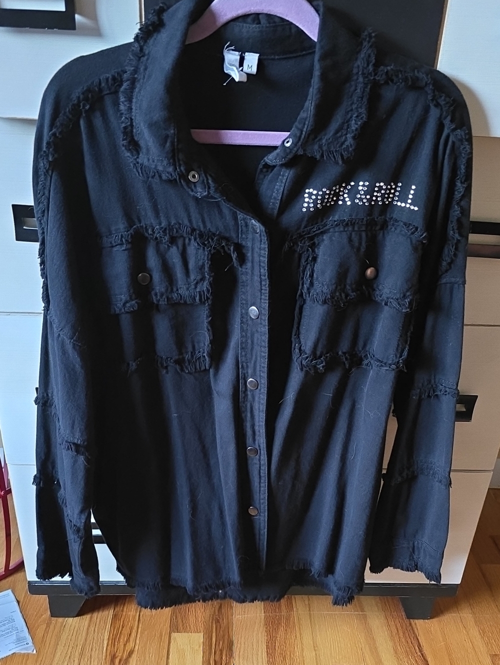 Elan Black Distressed Button-Up Roomy Jacket with Embellished Detail